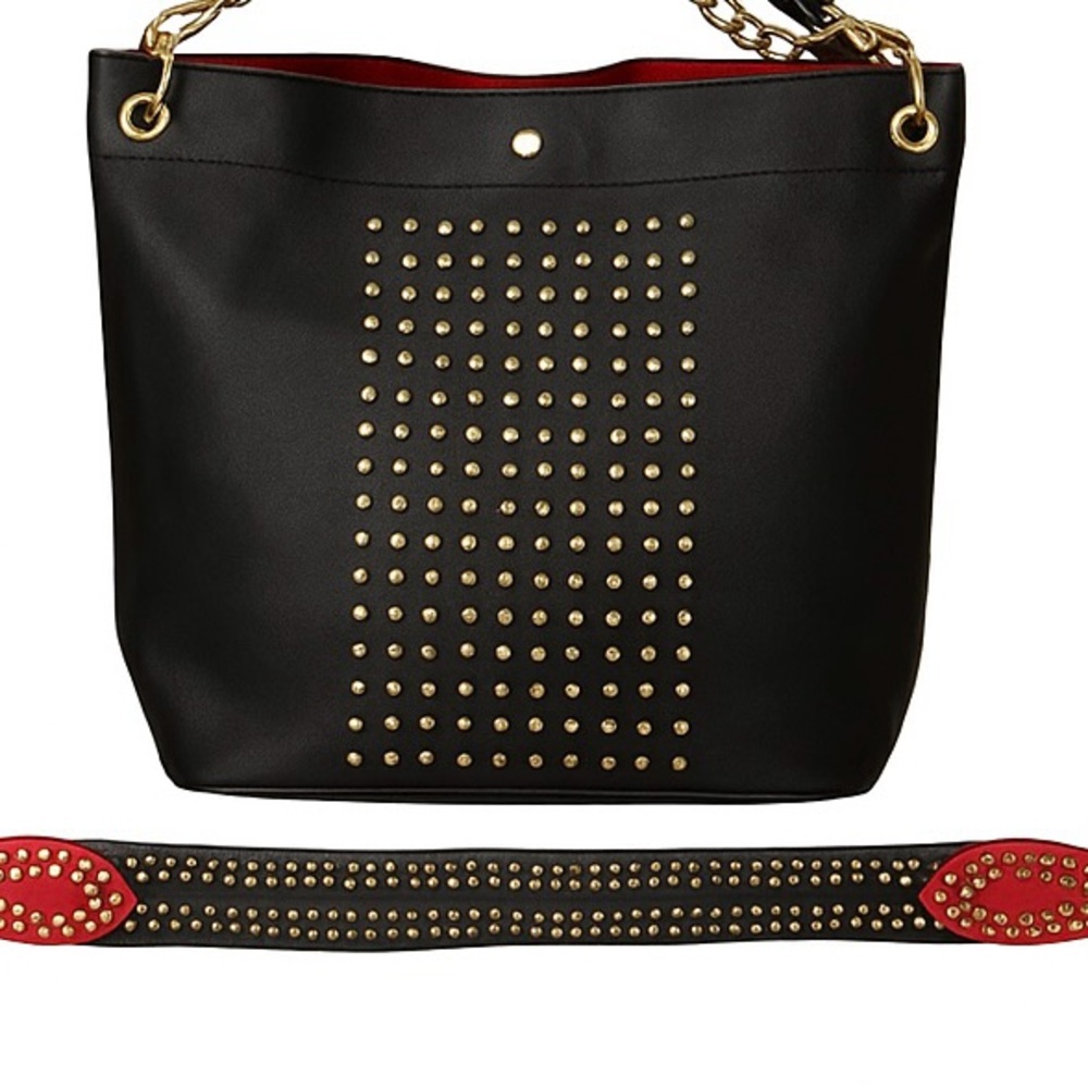 Sharif Black Studded Leather Tote | Dual Strap Design | Removable Pouch